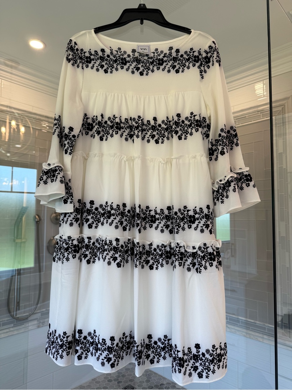 ViVI White Dress with Black Floral Embroidery